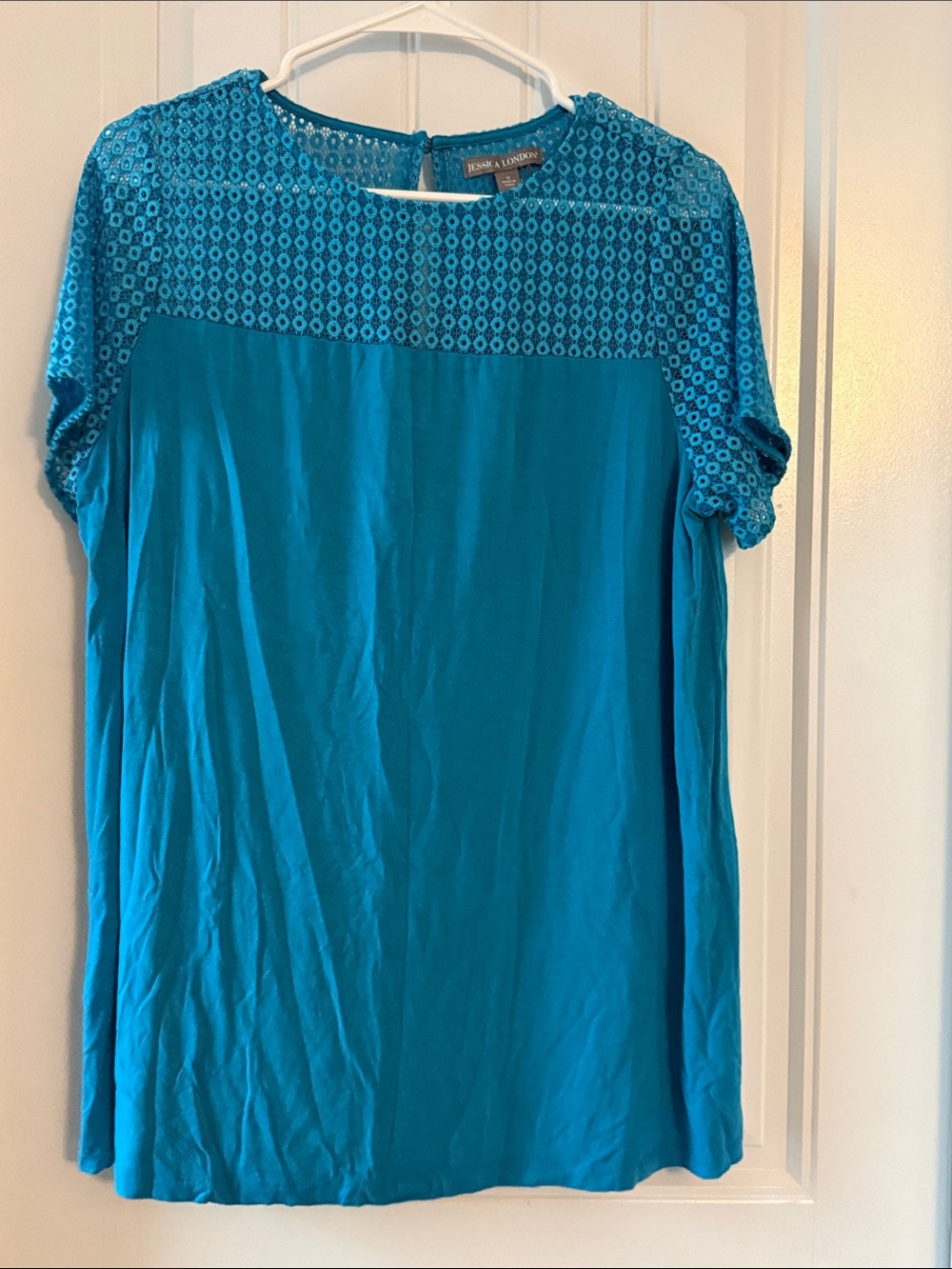 Jessica London Teal Crochet Yoke Short Sleeve Blouse